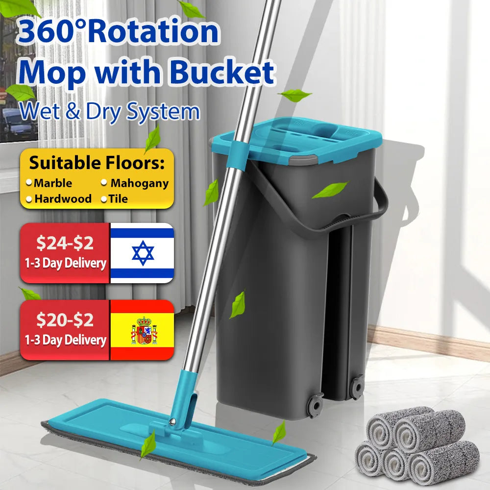 Flat Squeeze Mop with Spin Bucket Hand Free Wringing Floor Cleaning