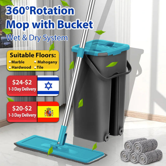 Flat Squeeze Mop with Spin Bucket Hand Free Wringing Floor Cleaning